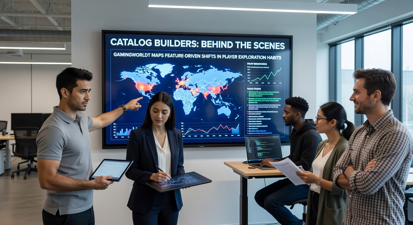 Behind-the-scenes view of catalog builders analyzing player exploration data in free social casino platforms