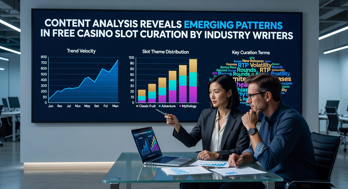 Industry writers reviewing free casino slot catalogs on digital platforms during a content analysis session
