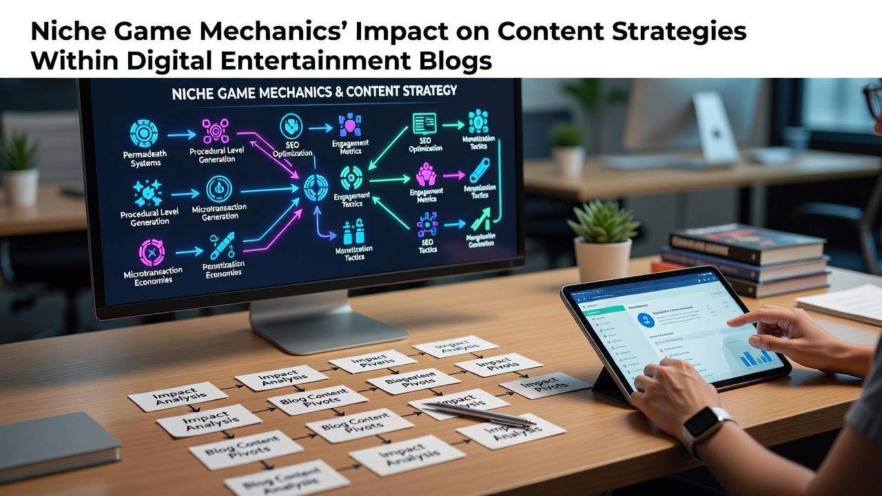 Digital entertainment blog editor reviewing analytics on niche game mechanics and audience engagement trends