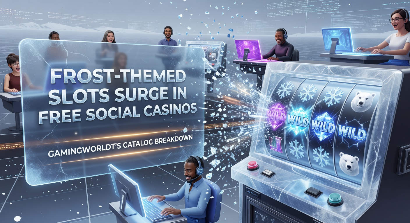 Vibrant screenshot of a frost-themed slot machine in action, featuring icy reels, snowflake wilds, and glittering frozen gems on a social casino platform