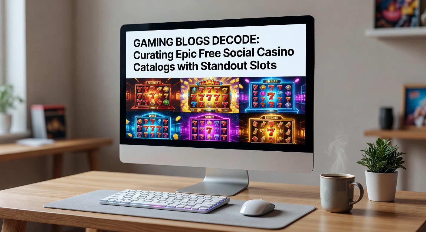Dynamic screenshot of a gaming blog catalog page highlighting free social casino slots with ratings and previews