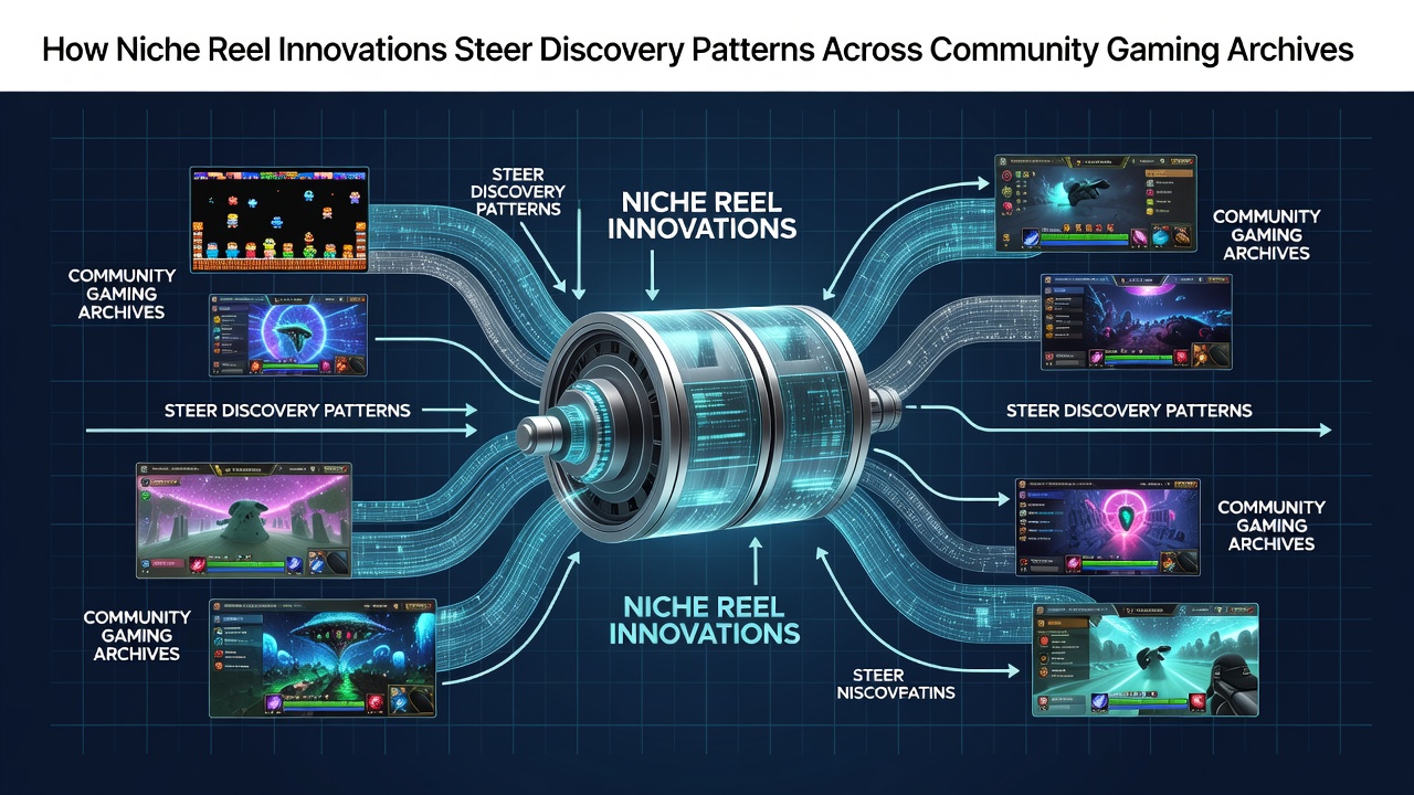 Community gaming archive interface showing reel-based game mechanics influencing user navigation paths
