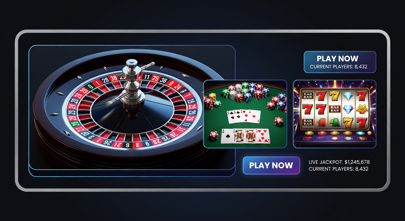 Dynamic display of various online casino games including slots, roulette, and blackjack on a modern interface